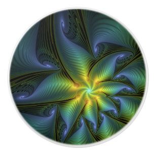 Abstract Star, Shiny Blue Green Golden Fractal Art Ceramic Knob