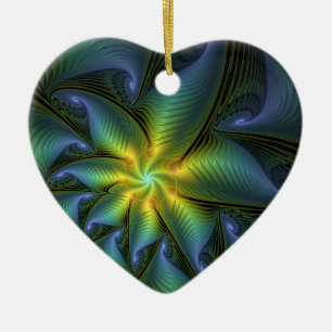 Abstract Star, Shiny Blue Green Golden Fractal Art Ceramic Ornament