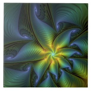 Abstract Star, Shiny Blue Green Golden Fractal Art Ceramic Tile