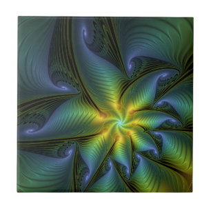 Abstract Star, Shiny Blue Green Golden Fractal Art Ceramic Tile