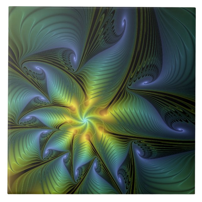 Abstract Star, Shiny Blue Green Golden Fractal Art Ceramic Tile (Front)
