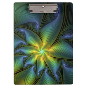 Abstract Star, Shiny Blue Green Golden Fractal Art Clipboard