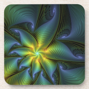Abstract Star, Shiny Blue Green Golden Fractal Art Coaster