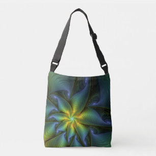 Abstract Star, Shiny Blue Green Golden Fractal Art Crossbody Bag