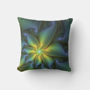 Abstract Star, Shiny Blue Green Golden Fractal Art Cushion
