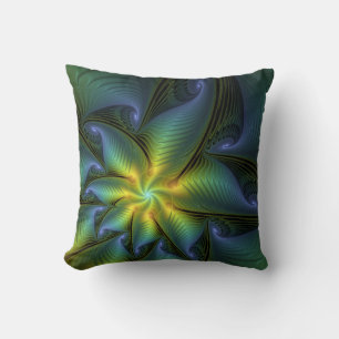 Abstract Star, Shiny Blue Green Golden Fractal Art Cushion