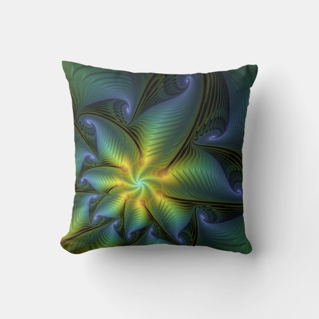 Abstract Star, Shiny Blue Green Golden Fractal Art Cushion (Front)
