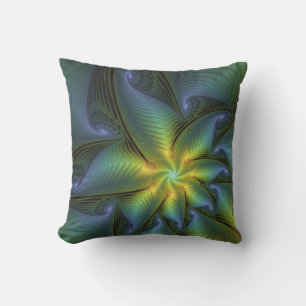 Abstract Star, Shiny Blue Green Golden Fractal Art Cushion