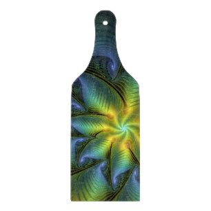 Abstract Star, Shiny Blue Green Golden Fractal Art Cutting Board