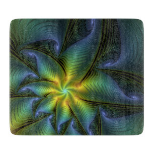 Abstract Star, Shiny Blue Green Golden Fractal Art Cutting Board