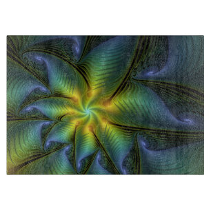 Abstract Star, Shiny Blue Green Golden Fractal Art Cutting Board