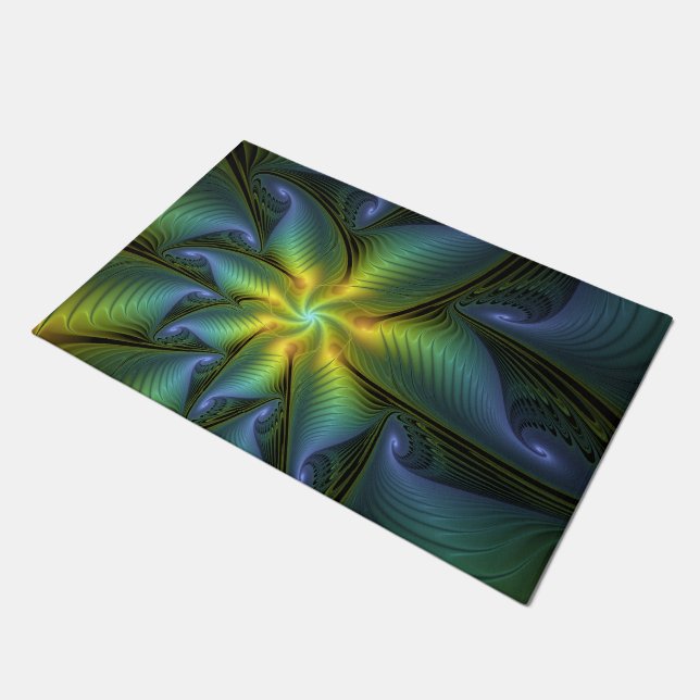 Abstract Star, Shiny Blue Green Golden Fractal Art Doormat (Angled)