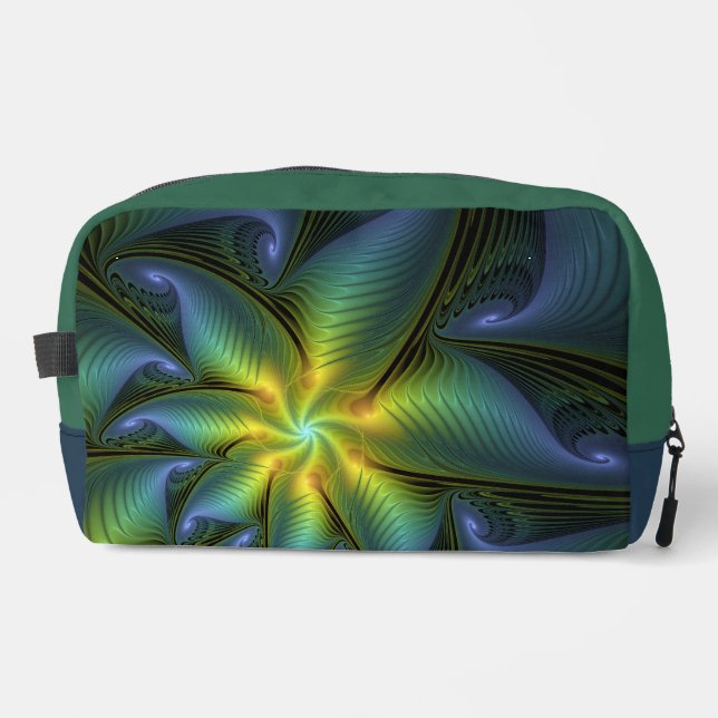 Abstract Star, Shiny Blue Green Golden Fractal Art Dopp Kit (Front)