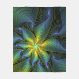 Abstract Star, Shiny Blue Green Golden Fractal Art Fleece Blanket