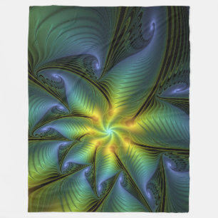 Abstract Star, Shiny Blue Green Golden Fractal Art Fleece Blanket