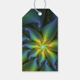 Abstract Star, Shiny Blue Green Golden Fractal Art Gift Tags