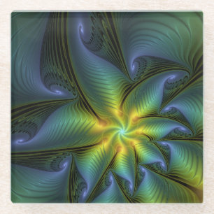 Abstract Star, Shiny Blue Green Golden Fractal Art Glass Coaster