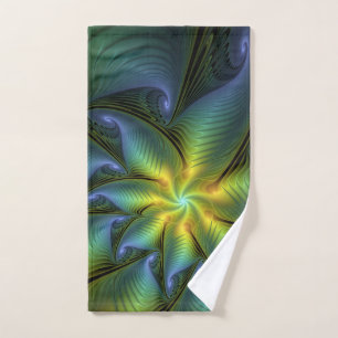 Abstract Star, Shiny Blue Green Golden Fractal Art Hand Towel