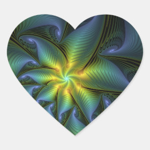 Abstract Star, Shiny Blue Green Golden Fractal Art Heart Sticker