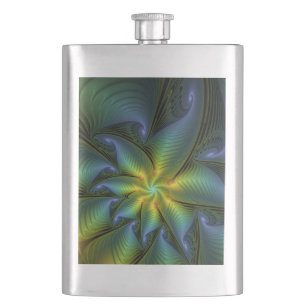 Abstract Star, Shiny Blue Green Golden Fractal Art Hip Flask