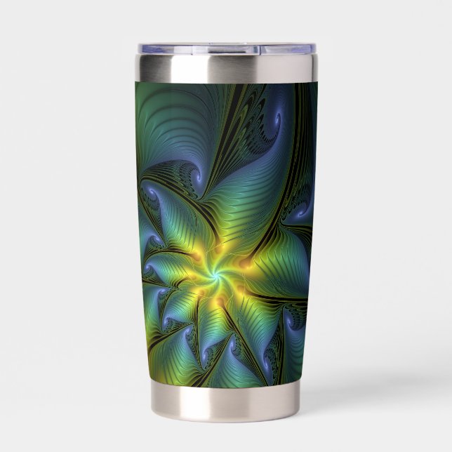 Abstract Star, Shiny Blue Green Golden Fractal Art Insulated Tumbler (Front)