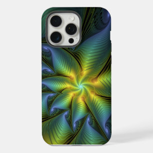 Abstract Star, Shiny Blue Green Golden Fractal Art iPhone 15 Pro Max Case