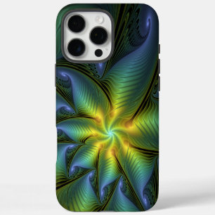 Abstract Star, Shiny Blue Green Golden Fractal Art iPhone 16 Pro Max Case