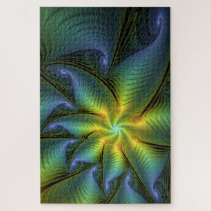 Abstract Star, Shiny Blue Green Golden Fractal Art Jigsaw Puzzle