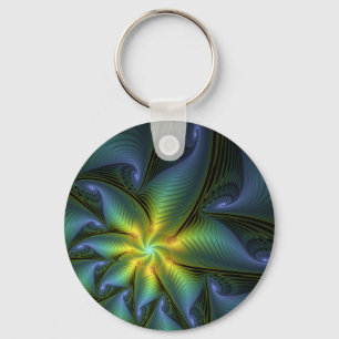 Abstract Star, Shiny Blue Green Golden Fractal Art Key Ring