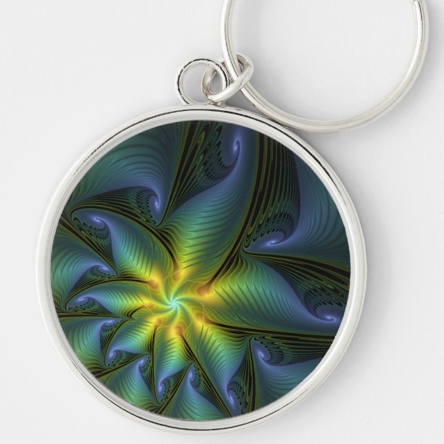 Abstract Star, Shiny Blue Green Golden Fractal Art Key Ring (Front)
