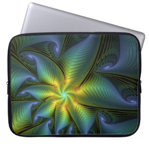 Abstract Star, Shiny Blue Green Golden Fractal Art Laptop Sleeve