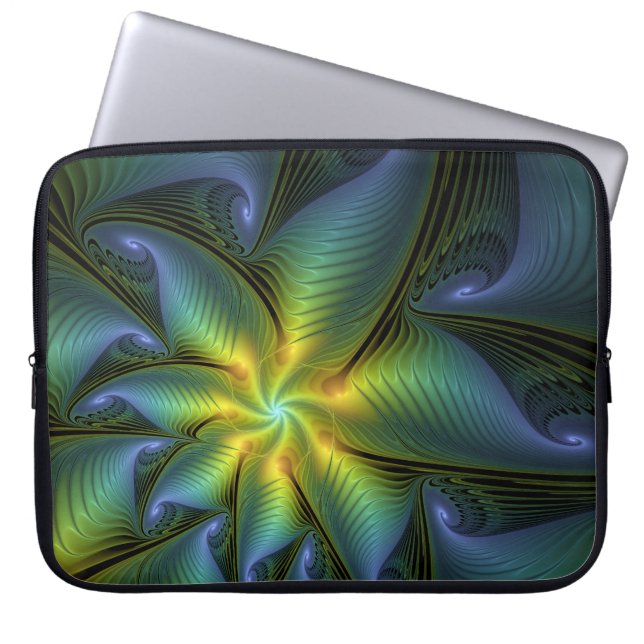 Abstract Star, Shiny Blue Green Golden Fractal Art Laptop Sleeve (Front)