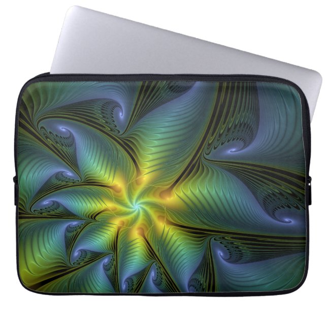 Abstract Star, Shiny Blue Green Golden Fractal Art Laptop Sleeve (Front)