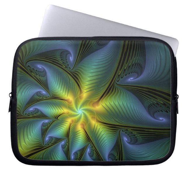 Abstract Star, Shiny Blue Green Golden Fractal Art Laptop Sleeve (Front)