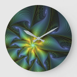 Abstract Star, Shiny Blue Green Golden Fractal Art Large Clock