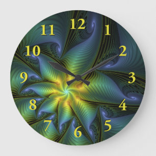 Abstract Star, Shiny Blue Green Golden Fractal Art Large Clock