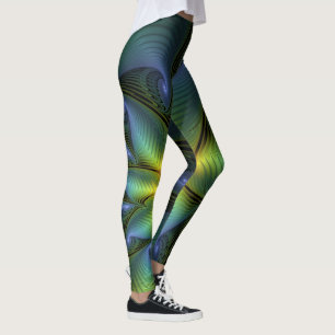 Abstract Star, Shiny Blue Green Golden Fractal Art Leggings