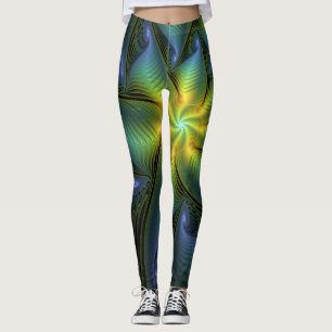 Abstract Star, Shiny Blue Green Golden Fractal Art Leggings