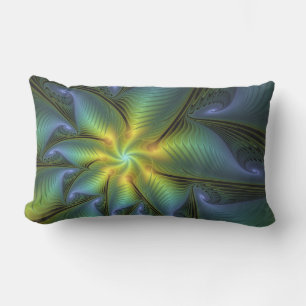 Abstract Star, Shiny Blue Green Golden Fractal Art Lumbar Cushion