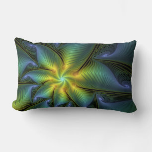 Abstract Star, Shiny Blue Green Golden Fractal Art Lumbar Cushion