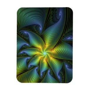 Abstract Star, Shiny Blue Green Golden Fractal Art Magnet