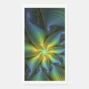 Abstract Star, Shiny Blue Green Golden Fractal Art Napkin