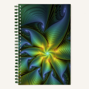 Abstract Star, Shiny Blue Green Golden Fractal Art Notebook