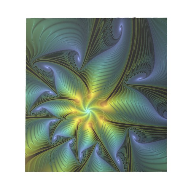 Abstract Star, Shiny Blue Green Golden Fractal Art Notepad (Front)