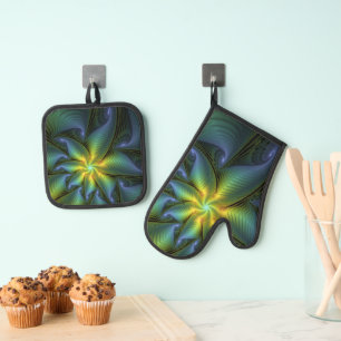 Abstract Star, Shiny Blue Green Golden Fractal Art Oven Mitt & Pot Holder Set