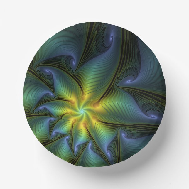 Abstract Star, Shiny Blue Green Golden Fractal Art Paper Plate (Front)