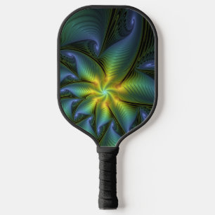 Abstract Star, Shiny Blue Green Golden Fractal Art Pickleball Paddle