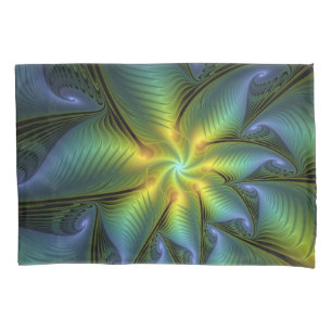 Abstract Star, Shiny Blue Green Golden Fractal Art Pillowcase