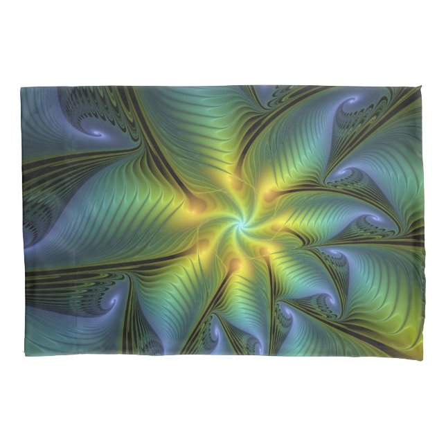 Abstract Star, Shiny Blue Green Golden Fractal Art Pillowcase (Front)