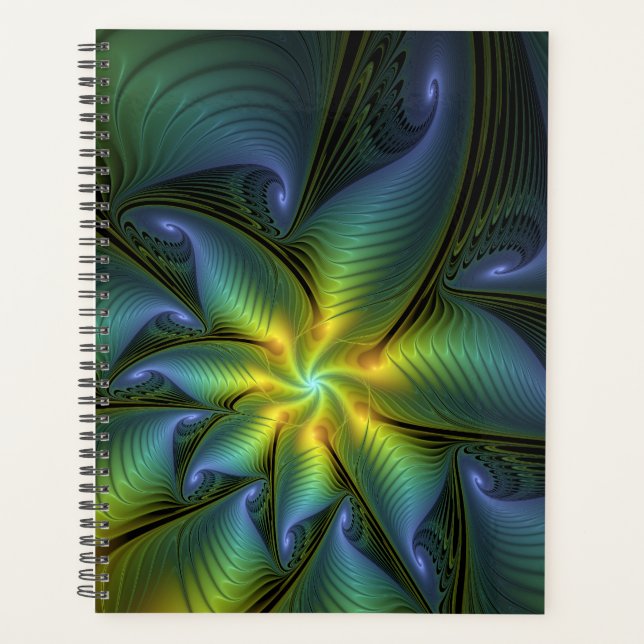Abstract Star, Shiny Blue Green Golden Fractal Art Planner (Front)